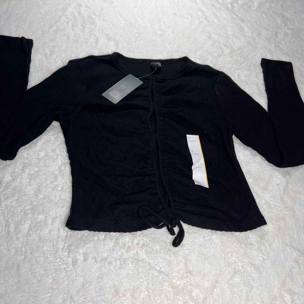 Wild‎ Fable Black Ribbed Ruched Drawstring Long Sleeve Crop Top Size Small NWT